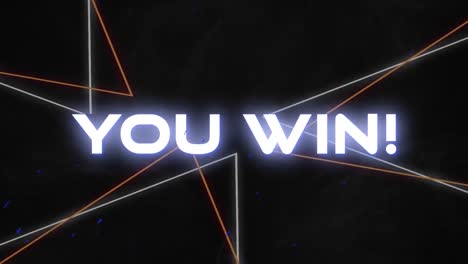 animation of you win text in white over blue sparks and orange and white lines on black background