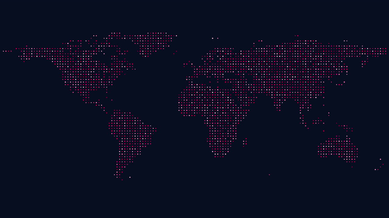 A world map formed by red pixels in a grid design, set against a black background, creating a striking visual representation of Earth in a unique and modern style