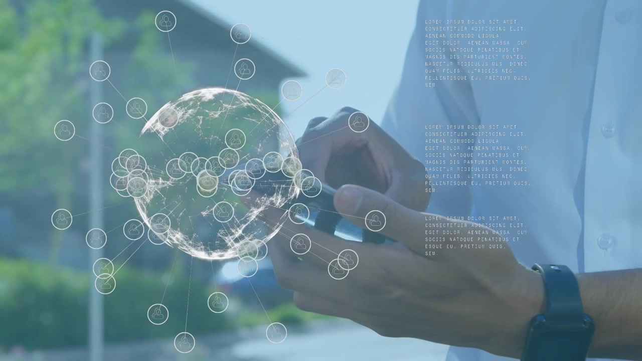 Animation of globe and icons over hands of caucasian man using smartphone
