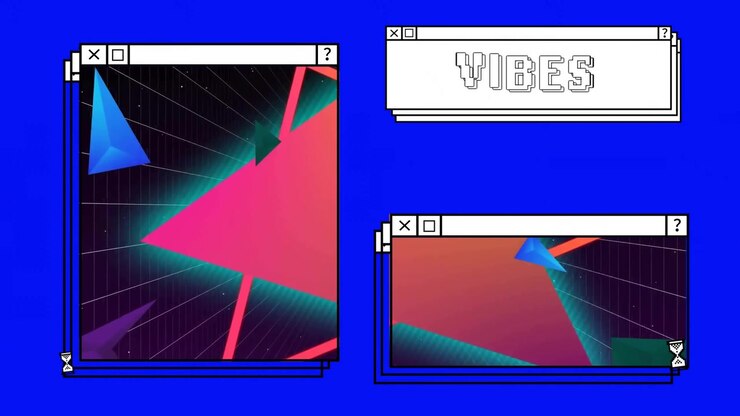 Animazione del testo "vibes" su schermi di computer e sfondo vibrante