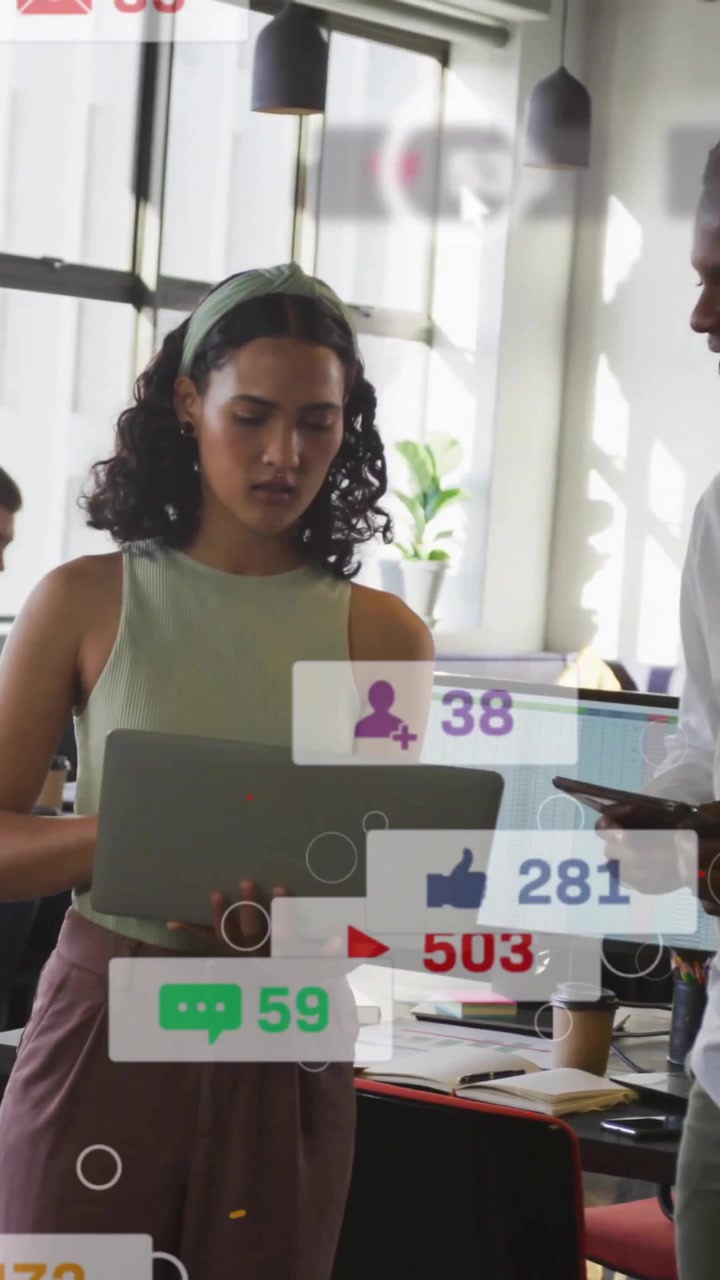 Animation of notification bars over diverse coworkers standing and discussing reports in office