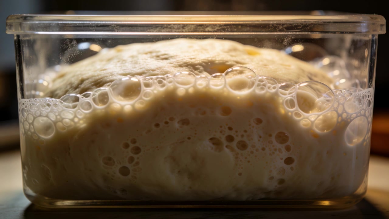 Impasto in lievitazione che si espande, il lievito fermenta formando bolle, che cresce in un contenitore trasparente sul bancone.