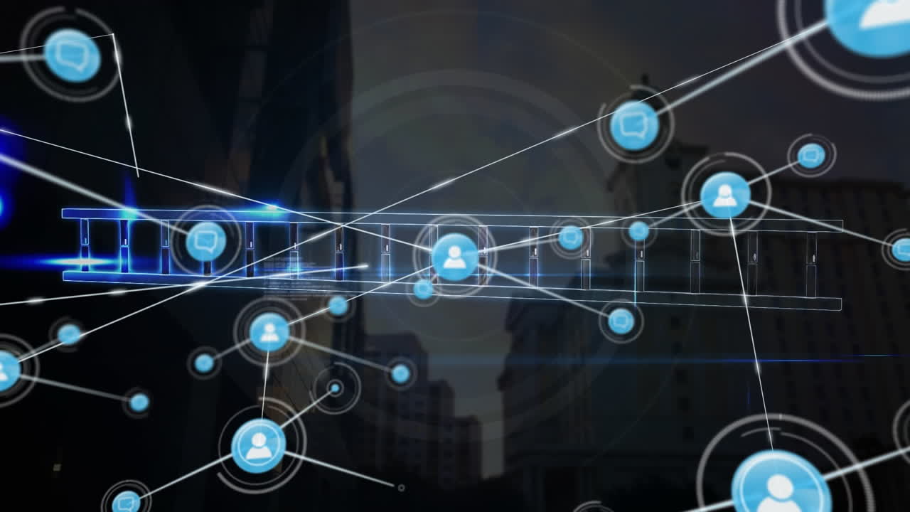 Network of digital icons against network of profile icons against network of profile icons