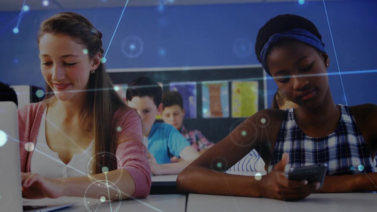 Front-right student scrolling phone in class, camera widening and network overlay showing learning