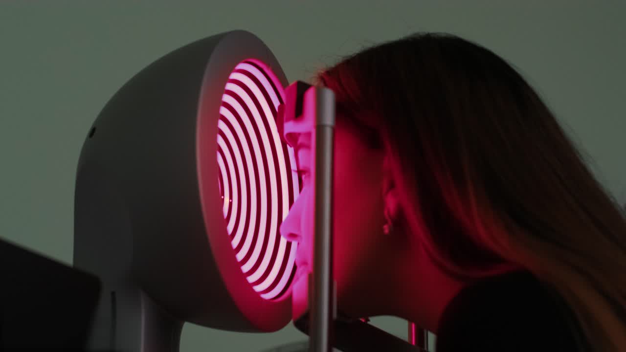 topografía corneal. examen ocular con analizador de cornea para mujer hermosa