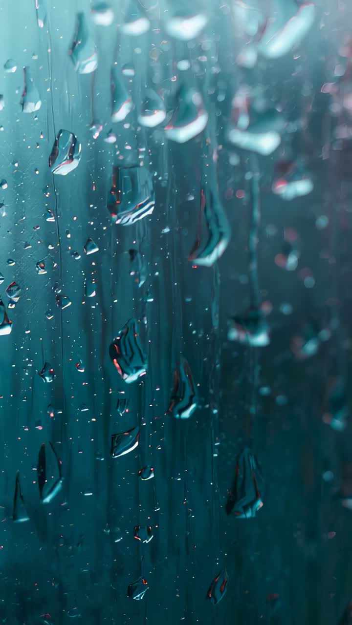 Vertical video: Rain falling making droplets joining and sliding on window, urban teal reflections