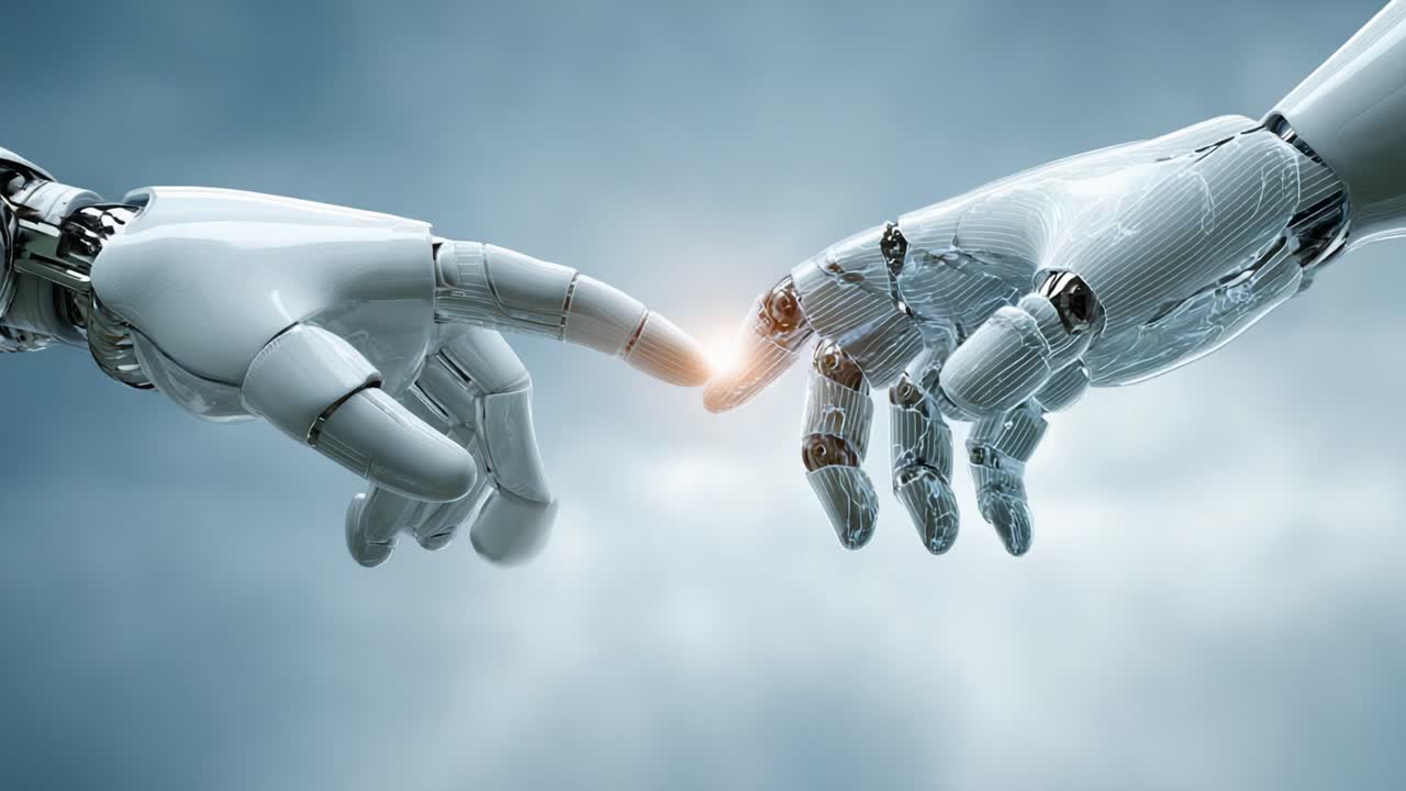 The Intriguing Moment of Connection Between Two Robotic Hands: A Symbol of Technology and Humanity's Future Intertwined in a Dynamic Exchange