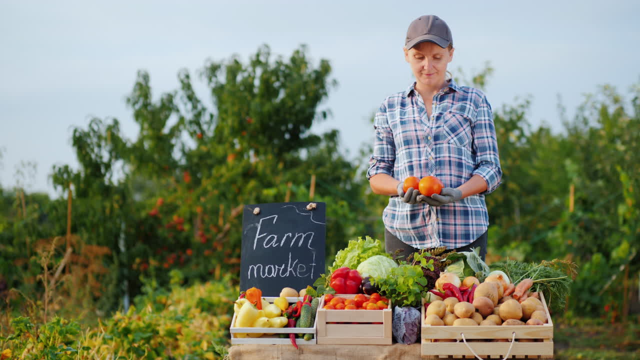 농장 시장 카운터 뒤에 손에 토마토와 젊은 농부 여자의 초상화
