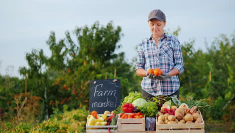 retrato de una joven agricultora con tomates en las manos detrás del mostrador del mercado agrícola