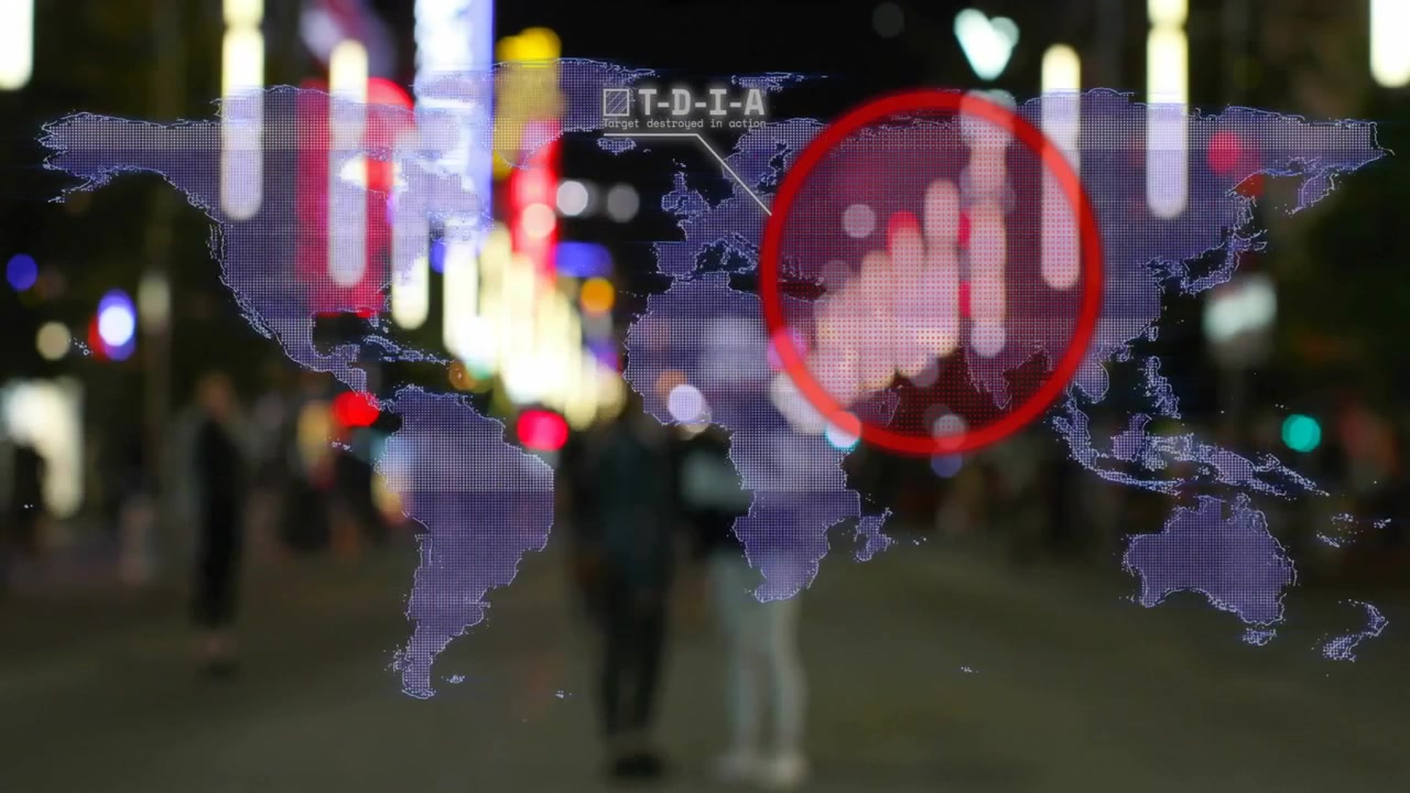 Pessoas caminhando iniciando uma sobreposição de mapa-múndi que surge gradualmente, com um avião viajando e marcando Ásia e Europa.