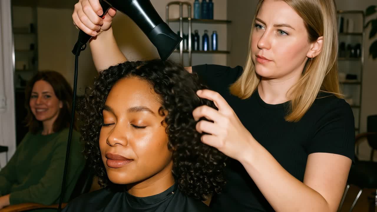 A stylist blow-dries a client's hair in a salon. The medium shot captures the focused interaction