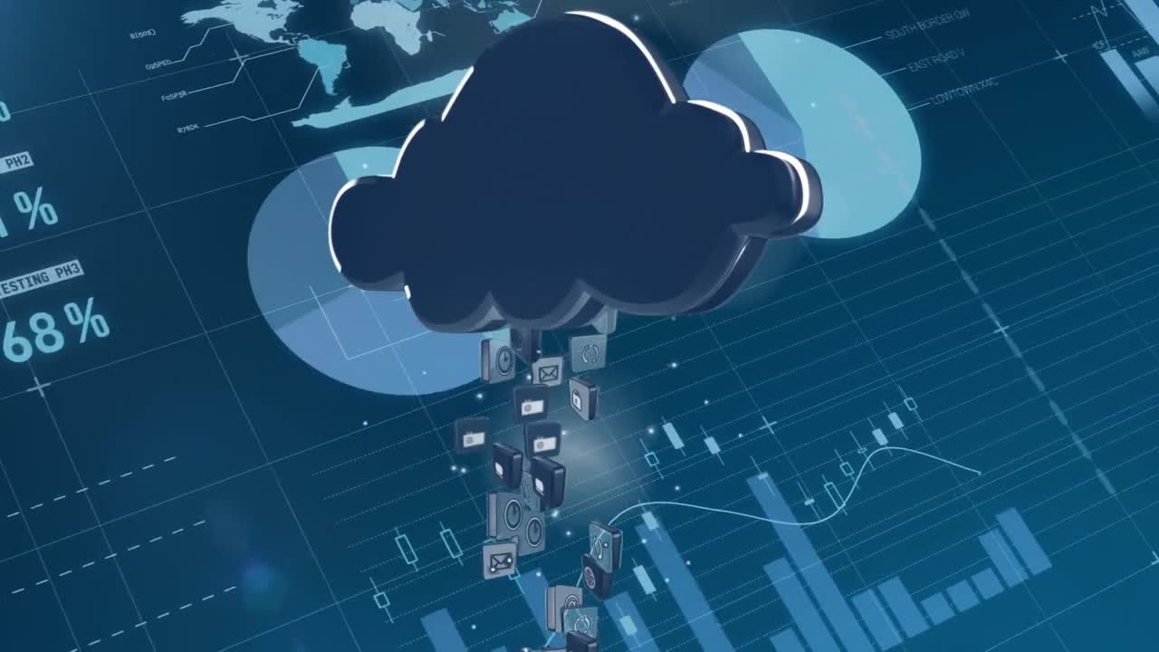 iconos que se elevan en nubes negras moviéndose frente a gráficos y estadísticas cambiantes