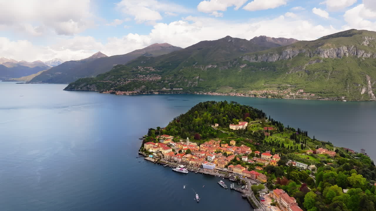 Aerial drone view of the village Bellagio near Lake Como, Italy
