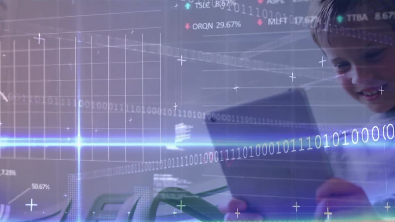 animación de procesamiento de datos financieros y codificación binaria sobre niño caucásico usando tableta