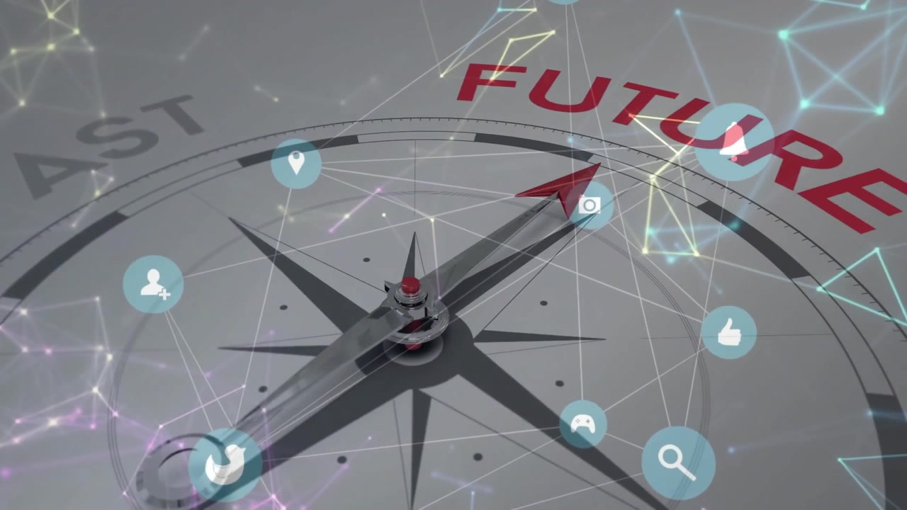 3D-rendered compass appearing, icons floating and rotating needle moving from PAST toward FUTURE