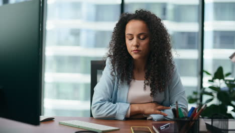 Upset-girl-manager-disappointed-work-sitting-desk-close-up.-Portrait-tired-woman