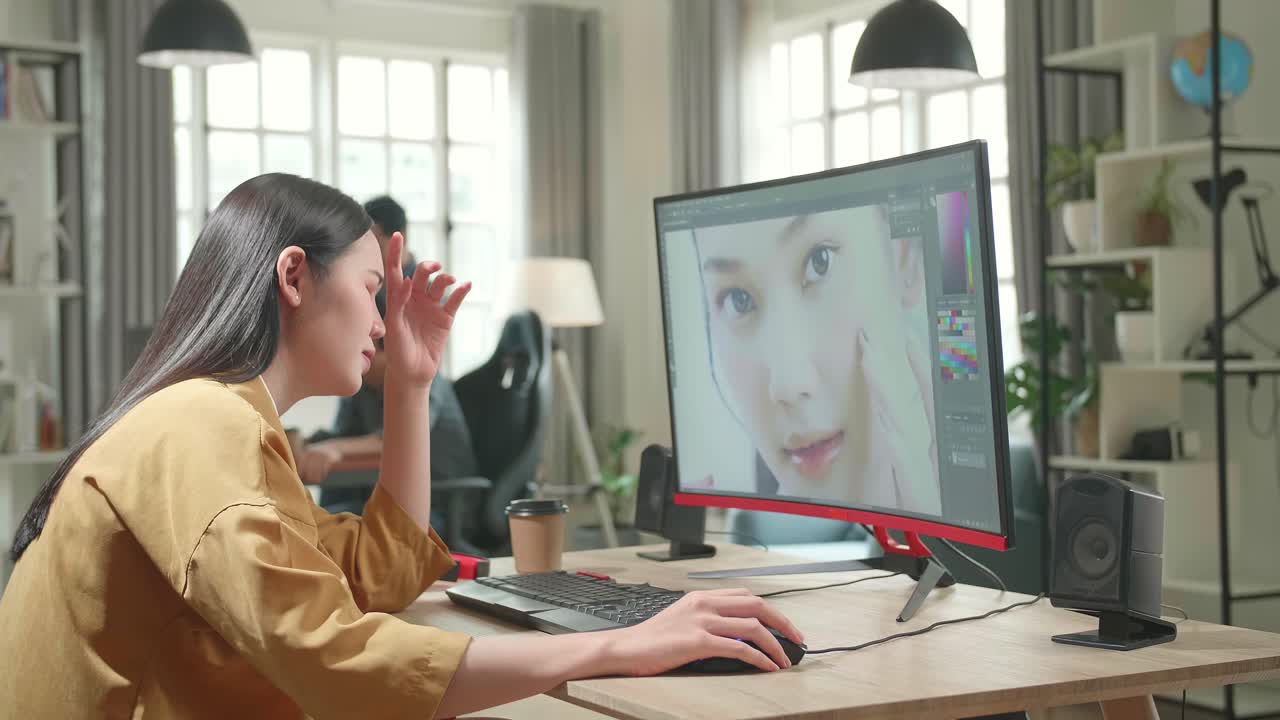 Tired Asian Female Digital Editor Works In Photo Editing Software On Her Personal Computer With Big Display In Office