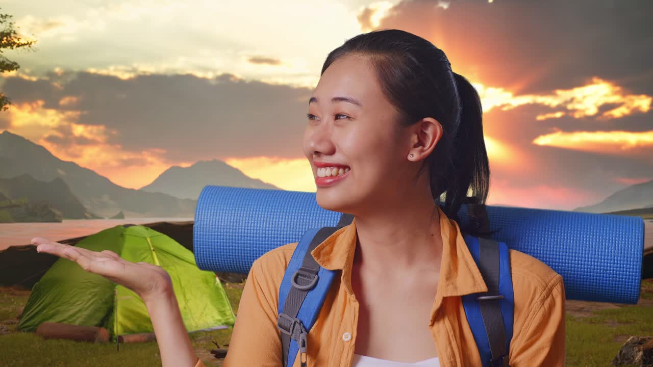 Smiling Woman on Camping Trip at Sunrise
