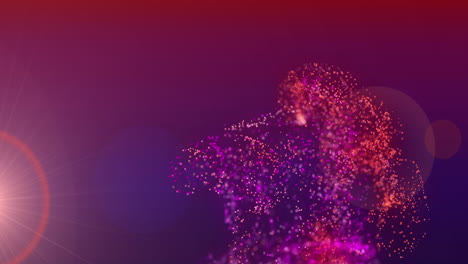 animation of pink and red particle cloud and red light moving on purple background