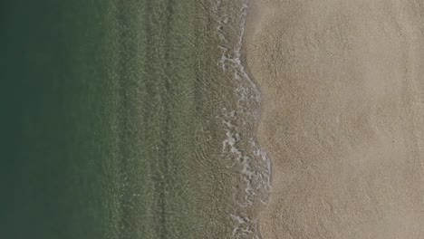 Pequeñas-Olas-Rompiendo-Una-Playa-De-Arena-Dorada,-Con-La-Cámara-Inclinándose-Hacia-Arriba-Para-Revelar-La-Costa