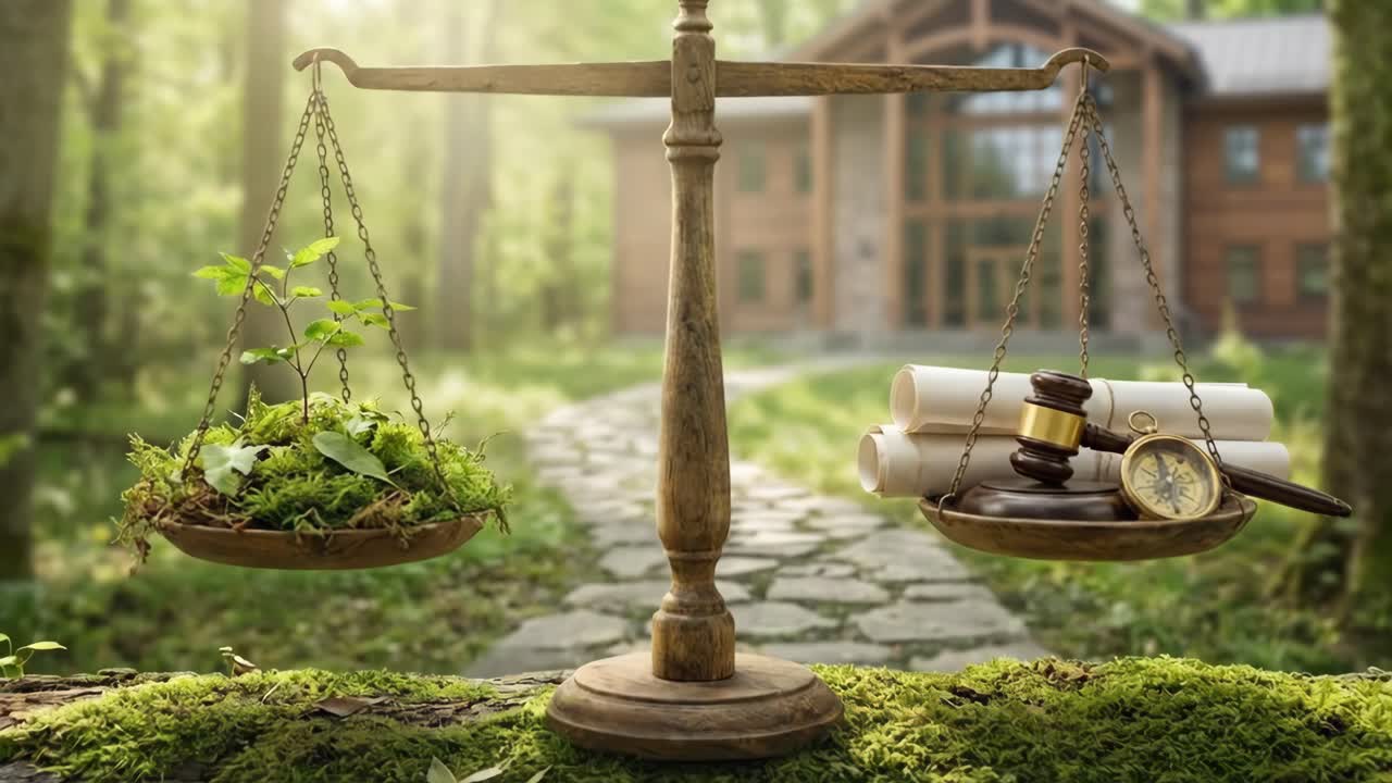 Bilancia che soppesa la natura contro la legge e lo sviluppo immobiliare