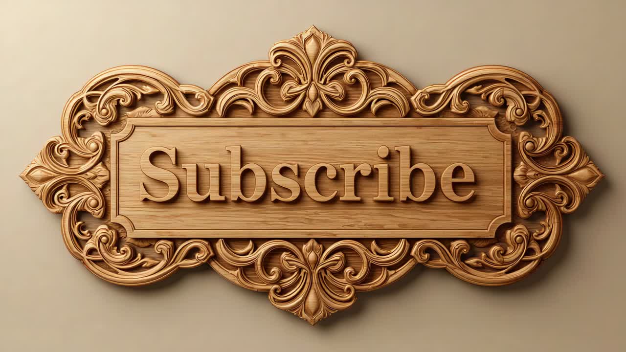 Pushing camera toward ornate carved plaque on beige wall, highlighting Subscribe depth and grain