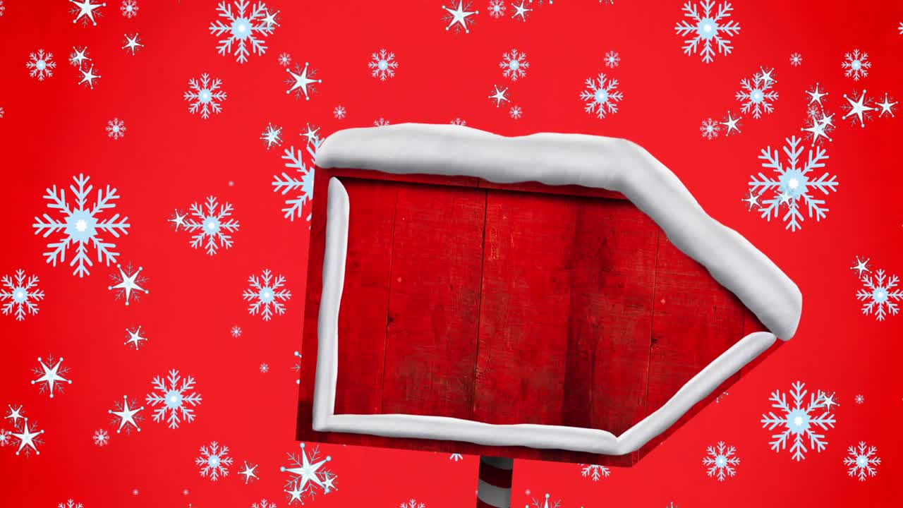 animación de copos de nieve que caen sobre un cartel de madera en blanco con espacio para copiar