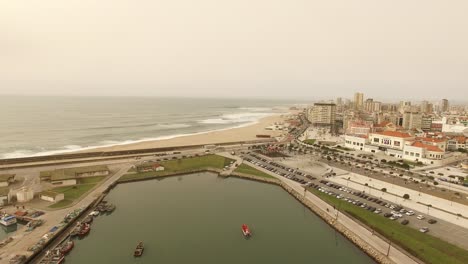 Aerial-Shot-of-the-Beach-in-City-of-Povoa-De-Varzim-Portugal