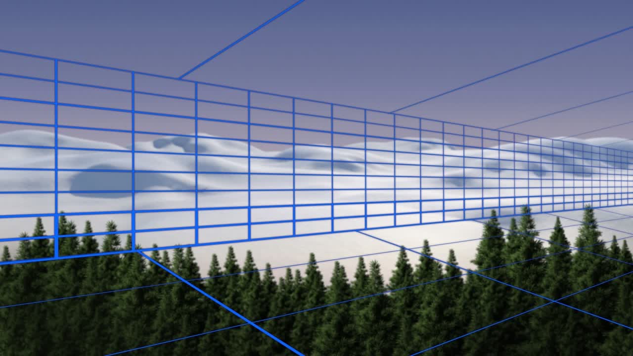 Animation grid pattern and abstract pattern in square over trees and snow covered mountains