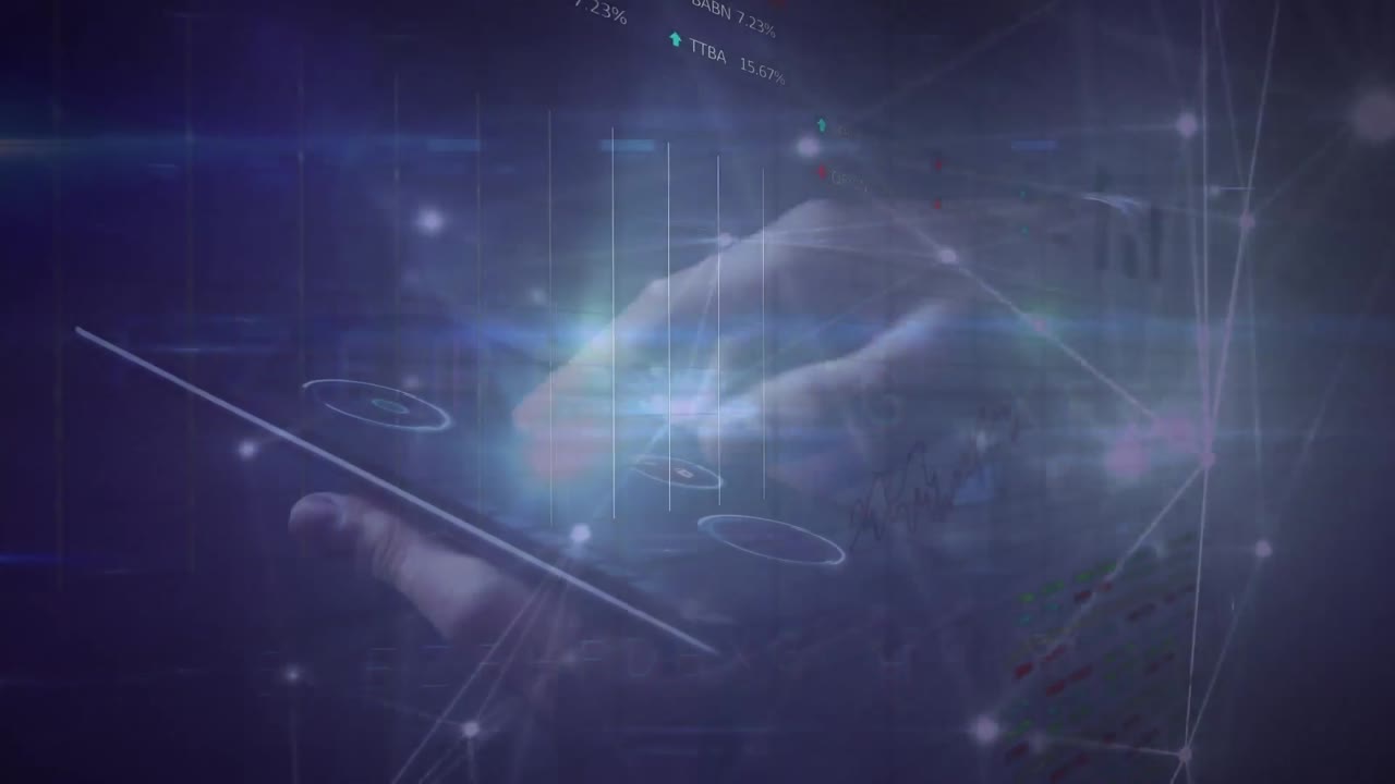 이것은 홀로그램을 보기 위해 태블릿을 사용하는 사업가의 디지털 애니메이션의 배경입니다.