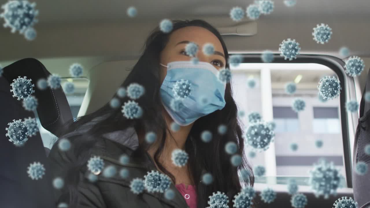 Rear passenger scrolling phone then looking out observing, masked, health virus overlay drifting