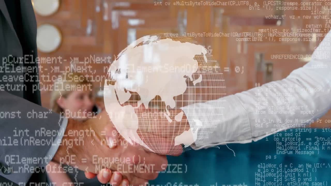 hombres de negocios estrechando la mano con un globo giratorio en primer plano