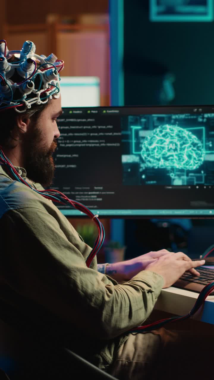 Man Wearing EEG Headset Typing Code on Computer with Brain Scan Display