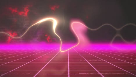 Animation-of-swirling-smoke-and-light-trails-over-pink-grid-