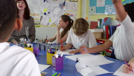 pupils and teacher sitting at table in classroom shot on r3d