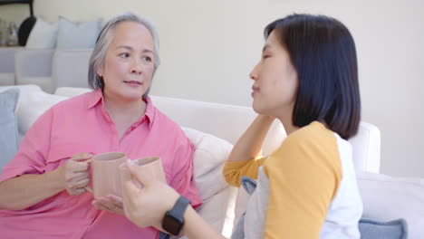 drinking coffee, two women having conversation on couch at home
