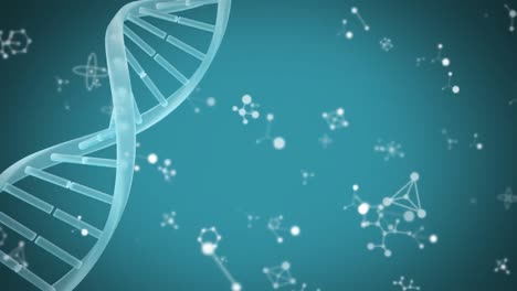 animation of molecules chemical elements and dna strain floating on blue background