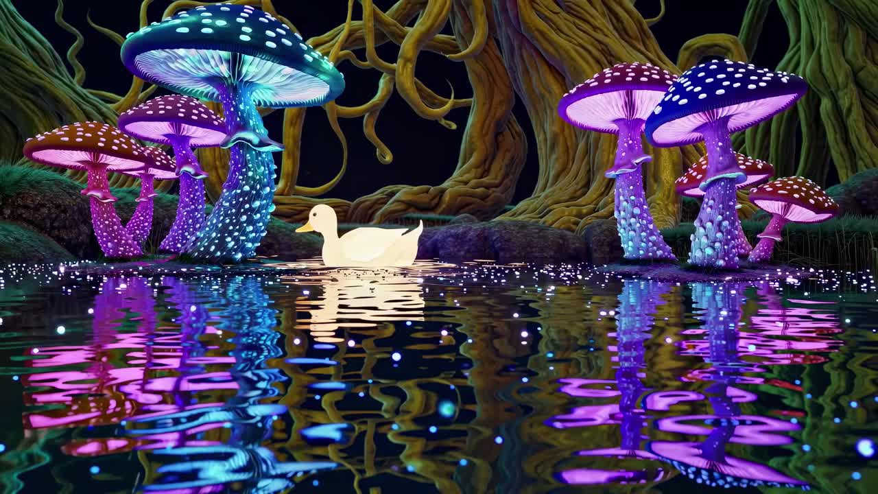 Una scena video surreale con funghi luminosi che si riflettono nell'acqua