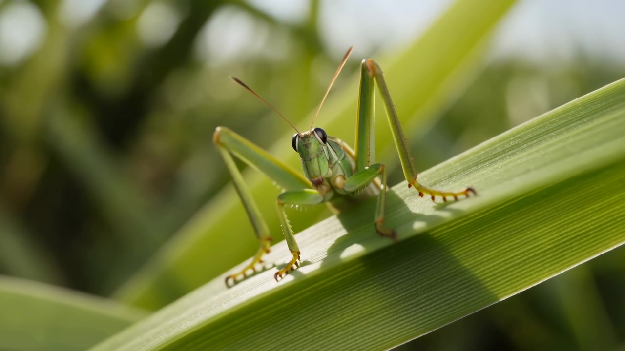 Cavalletta verde su foglia in primo piano, appollaiata come una sentinella su un filo d'erba illuminato dal sole, antenne alzate, occhi composti.