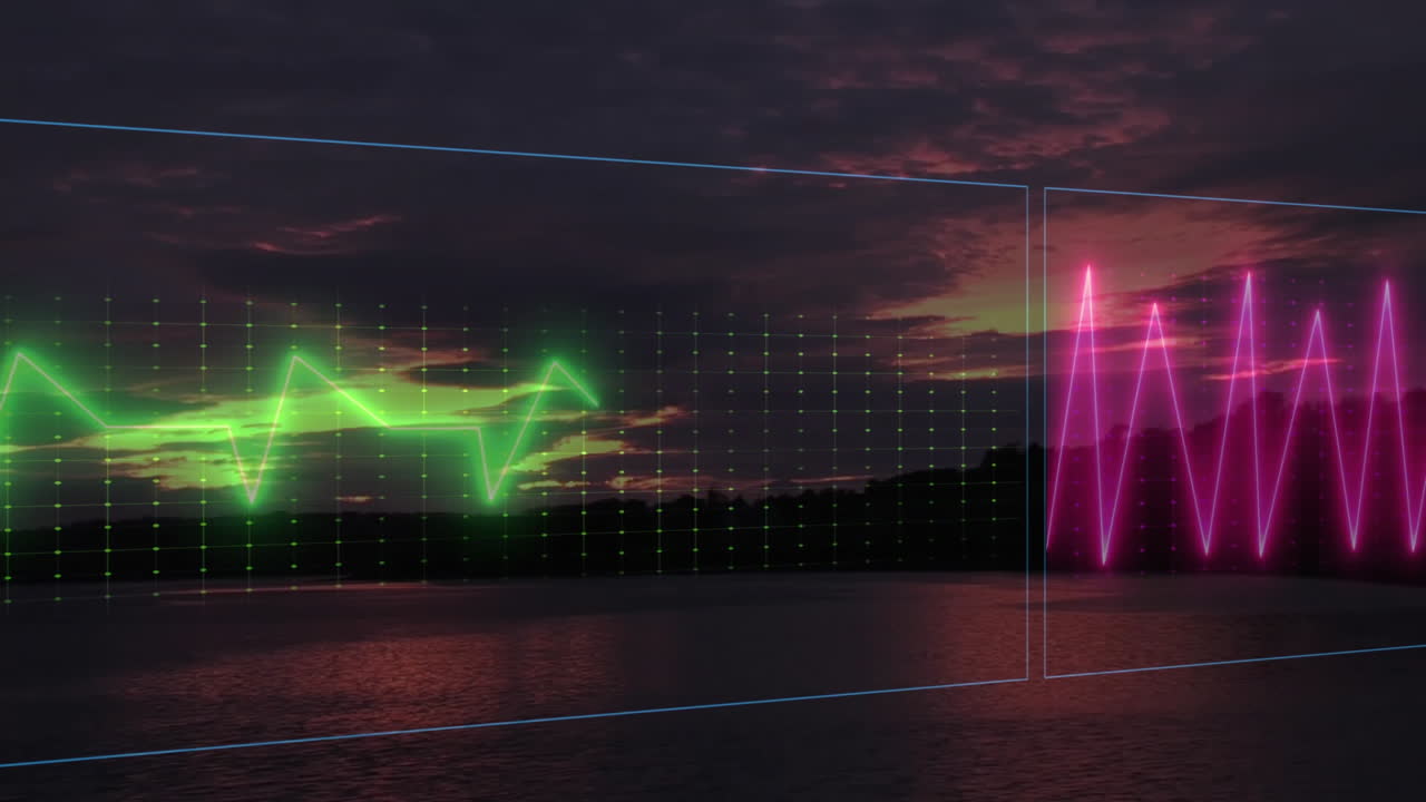Neon green and pink waveforms animating over serene lake at sunset