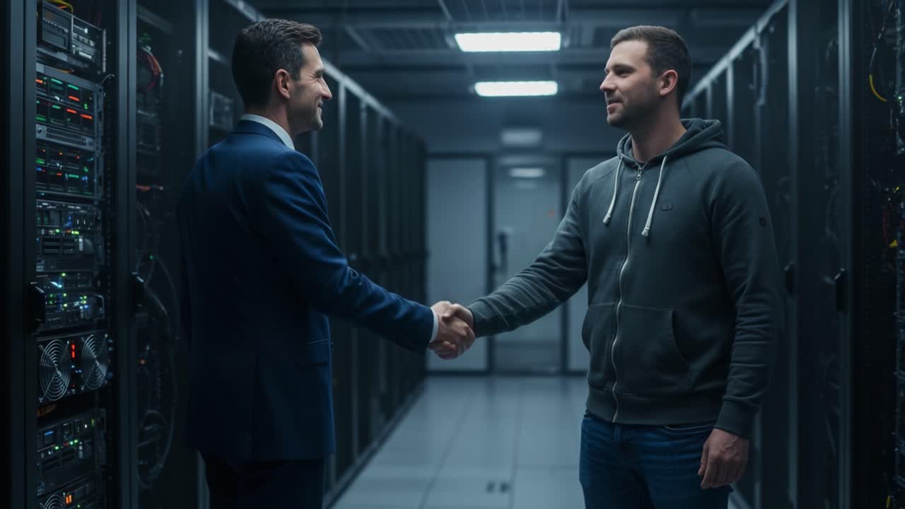 Due professionisti si stringono la mano all'interno di un ambiente innovativo di un data center, a significare collaborazione e partnership tecnologica