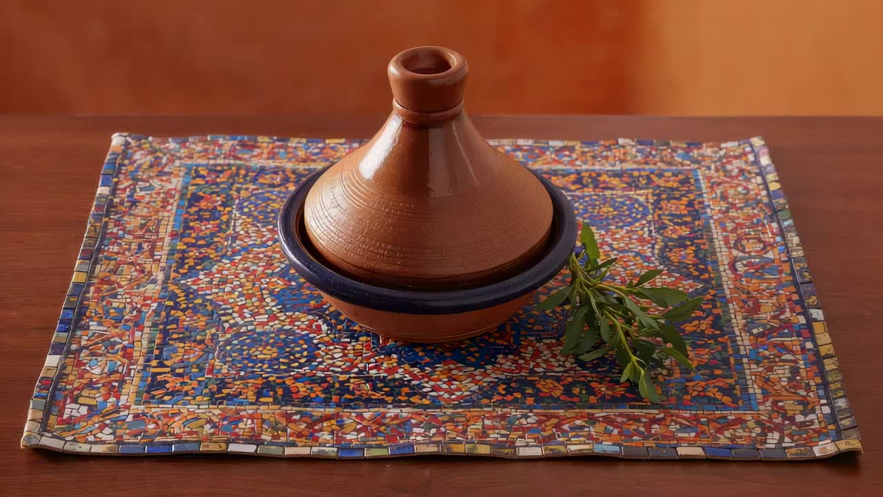 Zoomende kamera bevæger sig tættere på en terracottatagine på en mosaikmåtte mod en orange væg med en krydderurtegren.