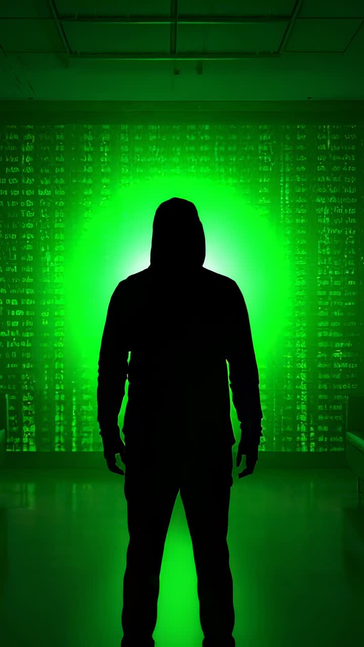 Video verticale: persona in piedi con felpa con cappuccio in una stanza, retroilluminazione che sale su codice verde per la silhouette