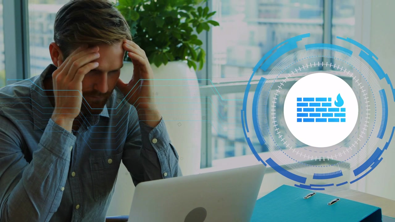 Man typing at laptop by window, cyber HUD growing circuits, making him hold head, resuming typing