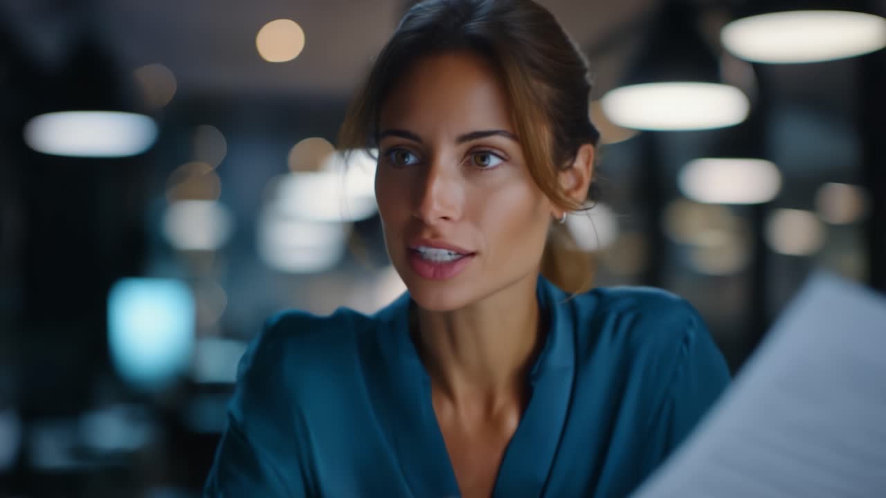 A focused woman in a blue shirt reading a document under dim lights, exuding concentration and contemplation in a modern workspace atmosphere