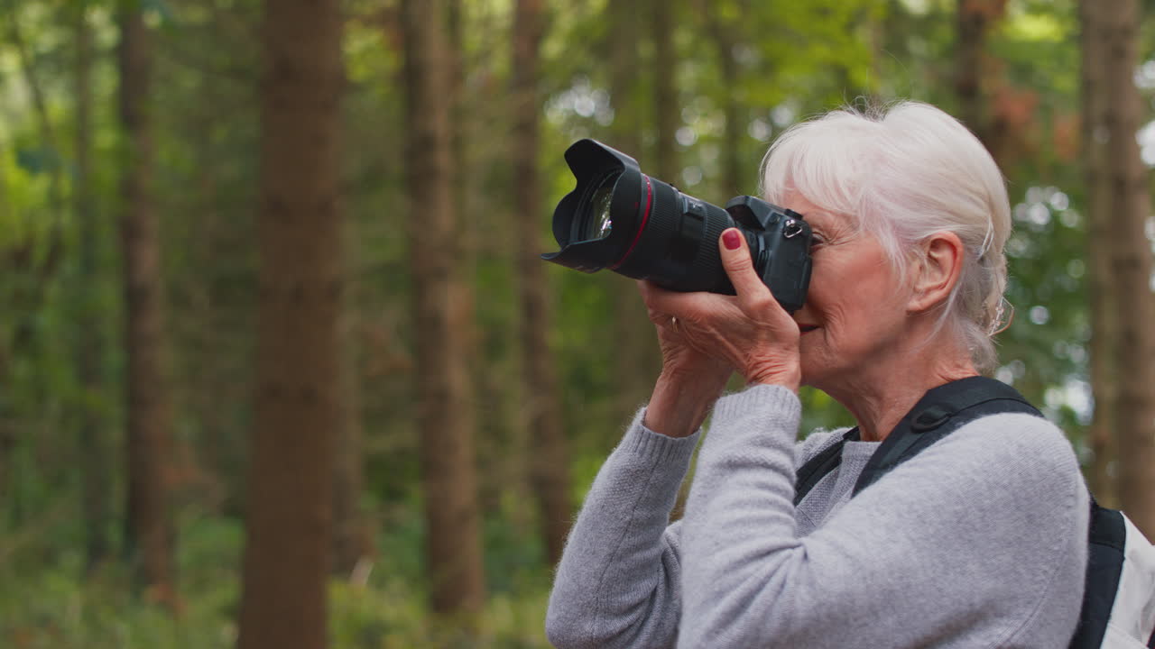 mujer jubilada haciendo senderismo en el campo del bosque tomando fotos con cámara dslr