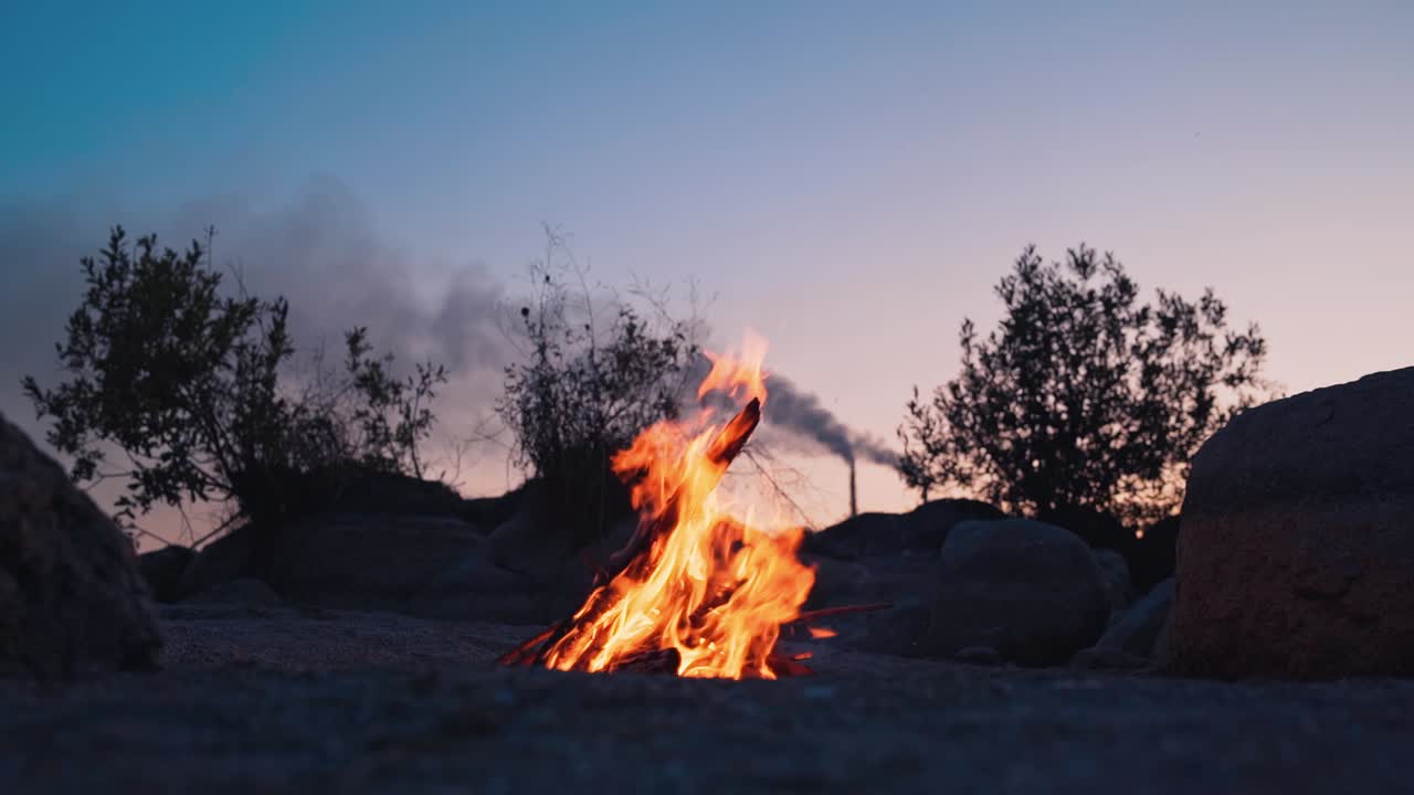 Blazing campfire burning at summer evening. Burning orange flames in natural calm atmosphere. No people around the fire. Camping fire concept.