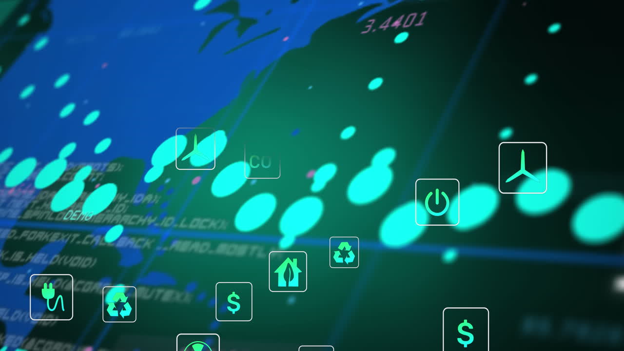 세계 지도 위에 에코 아이콘과 데이터 처리의 애니메이션