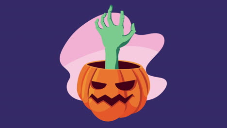 feliz animación de halloween con la mano de zombi en la calabaza