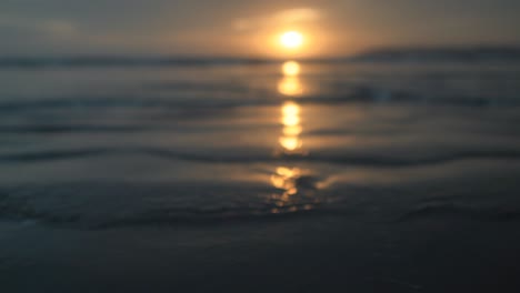 waves calmly flowing at the shore over a seashell that is buried in the sand at sunset